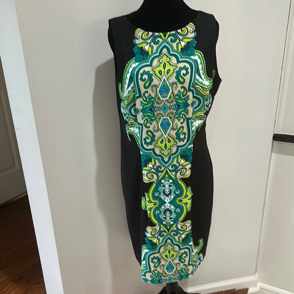 Kim Rogers Black Dress with Green and Blue Design